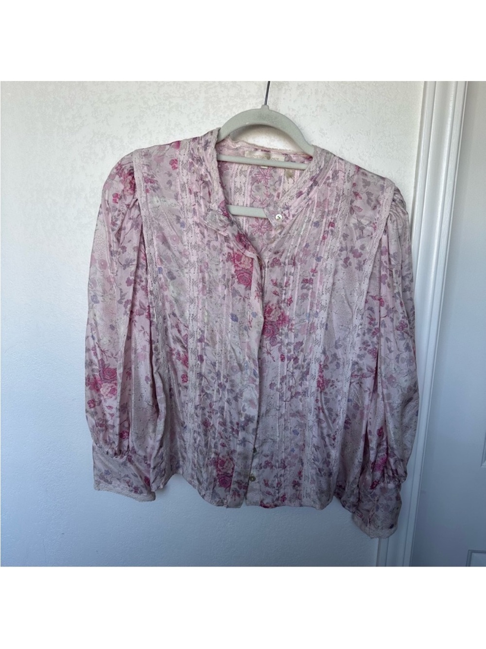 LoveShackFancy Pink Floral Tie-Front Blouse Silk